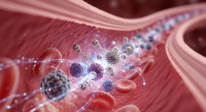 Microscopic view of red blood cells and various pathogens, including bacteria and viruses, flowing through a blood vessel with glowing energy particles.