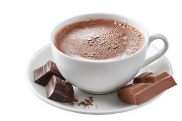 Fototapeta premium Creamy hot chocolate in white cup, with chocolate pieces