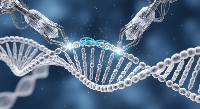 Robotic arms precisely manipulate a glowing DNA helix, symbolizing genetic engineering and scientific advancement in a futuristic laboratory setting. - Powered by Adobe