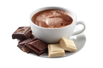 Hot chocolate with chocolate pieces.  A steaming mug of rich hot chocolate sits atop a saucer.  Several pieces of dark and milk/white chocolate rest beside the cup