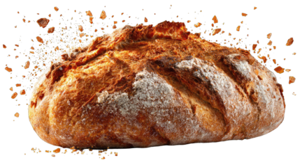 Freshly baked loaf of bread surrounded by flour