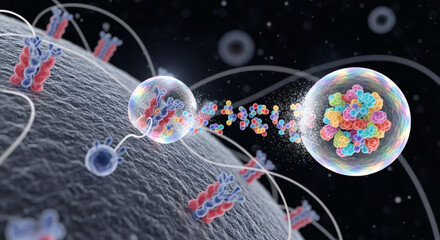 Microscopic view of cellular receptors interacting with molecules, illustrating biological processes at a molecular level with vibrant, abstract representations.