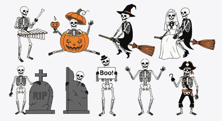 Funny Halloween skeleton characters vector set. Diverse spooky bony figures: musician, witch, pirate, wedding, gravestones. Holiday assets.