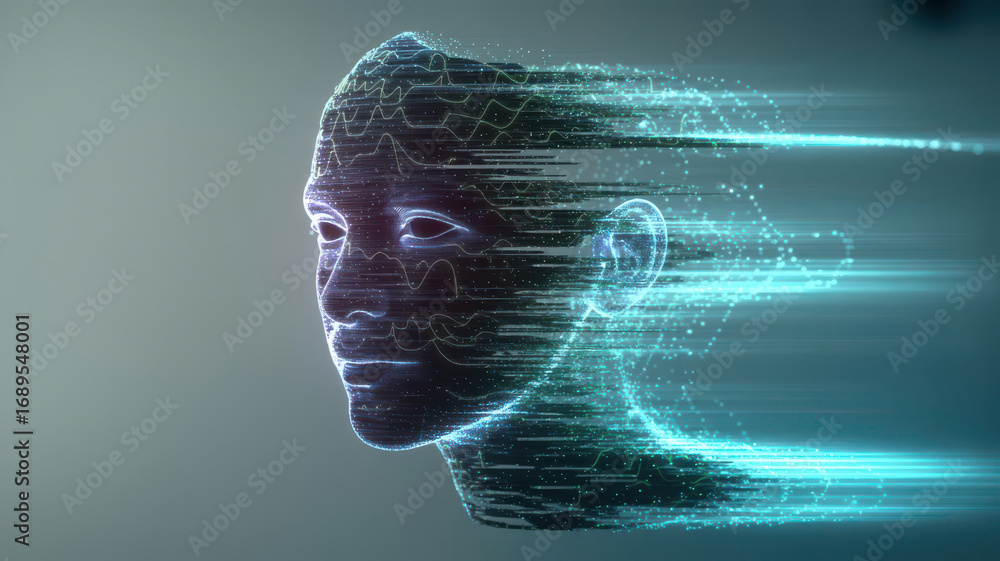 Poster abstract digital human head made of glowing particles and light trails, representing artificial inte