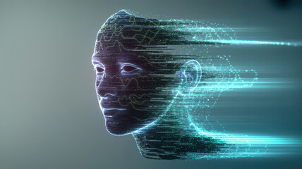 Abstract digital human head made of glowing particles and light trails, representing artificial intelligence and futuristic technology concepts in a dark, atmospheric setting