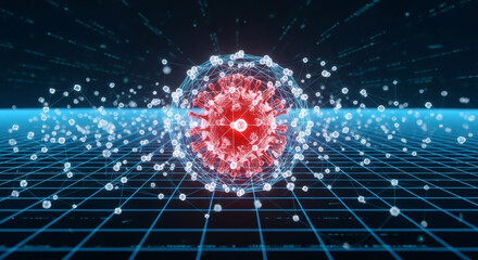 Abstract visualization of a glowing, complex atomic nucleus with swirling particles and digital grid background.