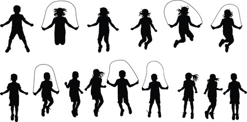 Silhouettes of kids jumping rope, children exercising outdoors, active play, healthy lifestyle, fun childhood, jump rope activity, fitness for kids
