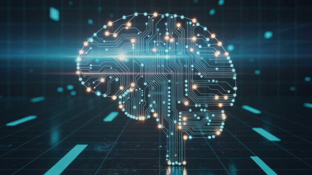 Abstract digital illustration of a human brain made of glowing circuits and nodes, representing artificial intelligence and neural networks on a dark futuristic background with blue light streaks