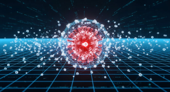 Abstract visualization of a glowing, complex atomic nucleus with swirling particles and digital grid background. - Powered by Adobe