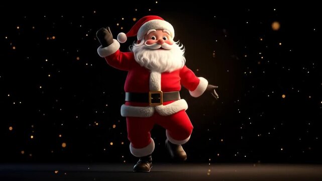 Animated santa claus dancing with festive cheer, holiday magic and golden particles sparkling on a