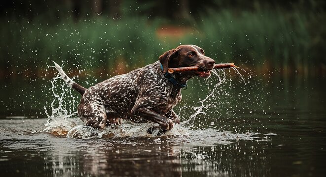Energetic pointer retrieving stick with gusto water splashing around for an active scene outdoors