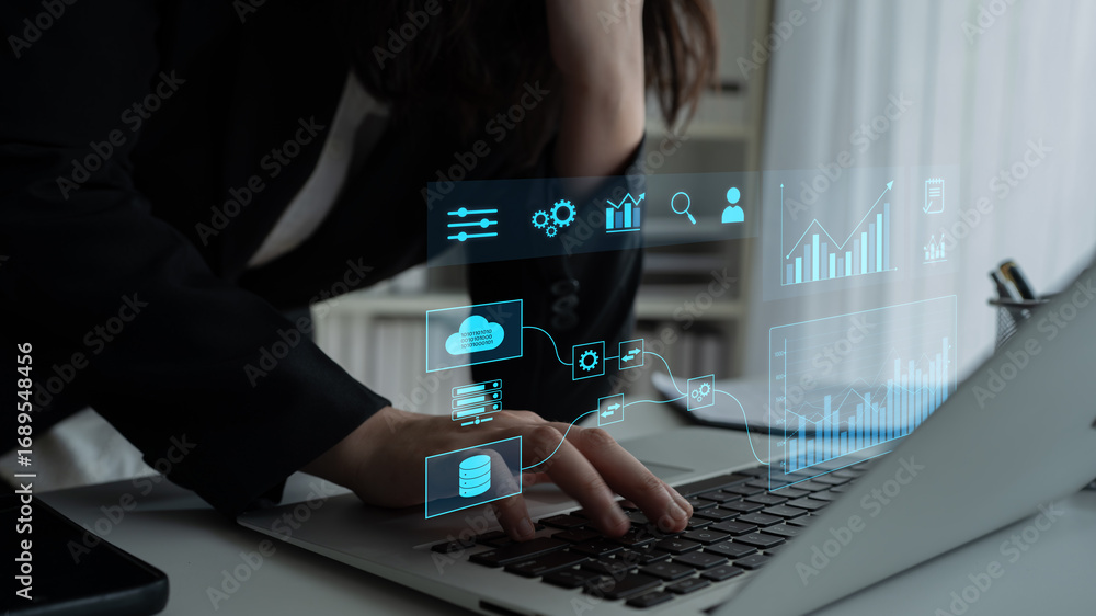 Aufkleber data flow from database and cloud to processing and analytics dashboards, representing data analysis