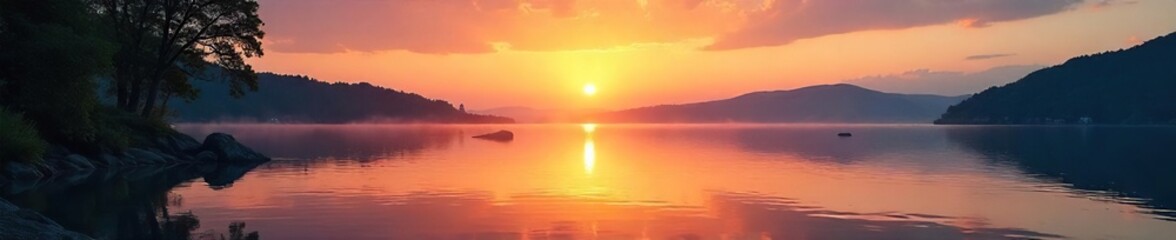 Fototapeta premium Serene landscape of a tranquil lake at sunset, reflecting the calm and peaceful atmosphere Ideal for relaxation, spa, wellness, and travel themes , soothing, natural beauty