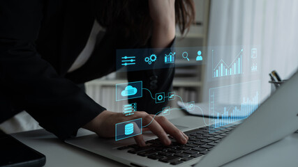Data flow from database and cloud to processing and analytics dashboards, representing data analysis, automation, insight generation, and digital intelligence Latch