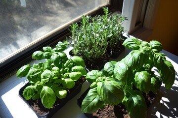 Indoor herb garden with basil and rosemary in sunlit window