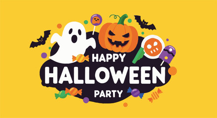 Happy Halloween Party vector illustration with spooky ghost, jack-o-lantern pumpkin, bats, and colorful candies