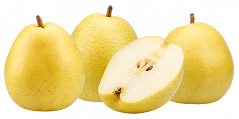 Four Yellow Pears Two Halved on Abstract Colorful Background fruit asian pears isolated on a transparent background