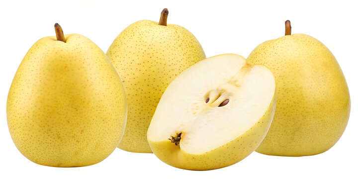 Four Yellow Pears Two Halved on Abstract Colorful Background fruit asian pears isolated on a transparent background