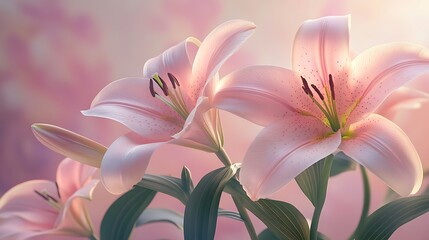 Two pink lilies with green leaves and soft light flowers floral photo
