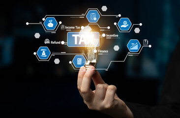 Visual representation of tax management illustrating various financial services, including incentives and refunds, showcased through modern digital icons and a light bulb concept. Tessel