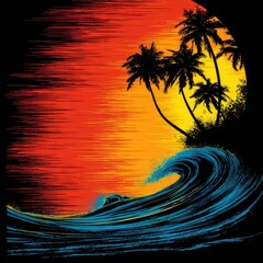 A vibrant sunset over a tropical beach, featuring a large crashing wave, adds a dynamic and energetic feel to the scene.