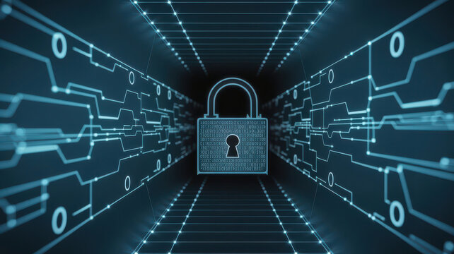 Digital padlock icon symbolizing cybersecurity and data protection, set within a futuristic tunnel of glowing circuit board lines and binary code