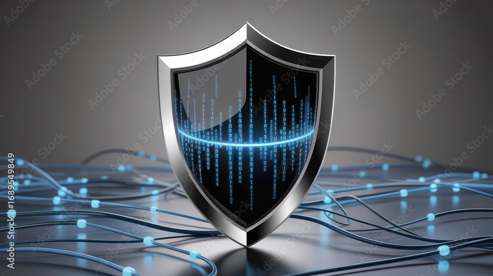 Poster closeup of a metallic shield with a glowing blue digital pattern inside, set against a backdrop of i