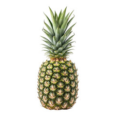 A single pineapple with green leaves and textured skin isolated on a black background in a studio shot