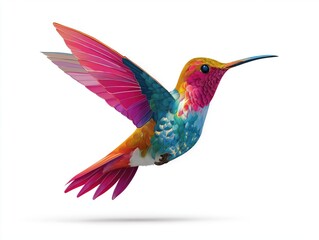 Vibrant, jewel-toned hummingbird in mid-flight, showcasing iridescent feathers and delicate wings against a clean white background.