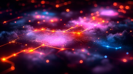 Abstract glowing network connections, digital data flow, red and blue.