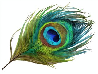 Vibrant, detailed peacock feather showcases iridescent blue, green, and brown eye against a clean white background