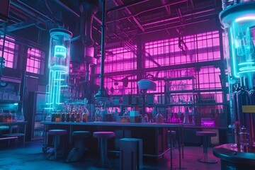 Chemistry AI convergence in neon lit virtual lab digital visualization of molecular computing futuristic tone