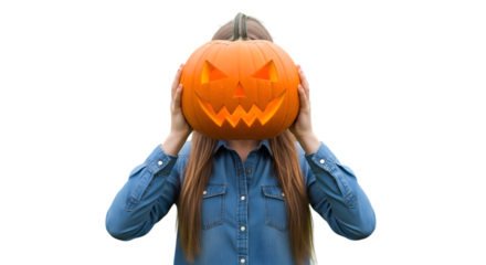 Person holding a carved jackolantern with a scary face over their head, isolated on transparent background