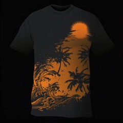 Graphic tee design featuring a sunset over crashing waves and tropical palm trees against a dark gray background.