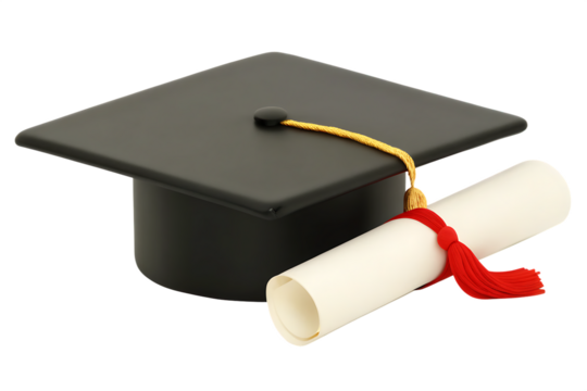 Graduation Cap and Diploma Scroll with Red Tassel and Gold Cord mortarboard certificate isolated on a transparent background - Powered by Adobe