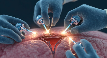 Surgeons' gloved hands meticulously operate on a human organ with advanced robotic instruments, emitting beams of light.