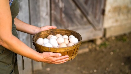 Woman holding basket of eggs outdoors