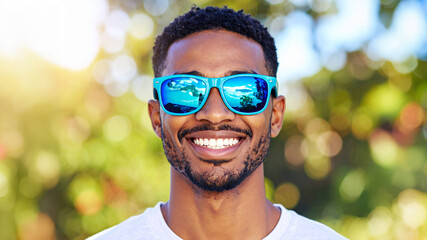  A vibrant portrait of a smiling Black man wearing bright blue sunglasses, reflecting a sunny outdoor scene, with a blurred green and yellow bokeh background.