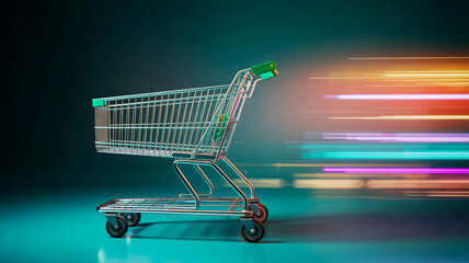 Shopping cart in motion with light streaks on a dark background trolley commerce