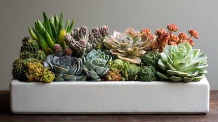 Vibrant assortment of succulent plants arranged in a rectangular white ceramic planter