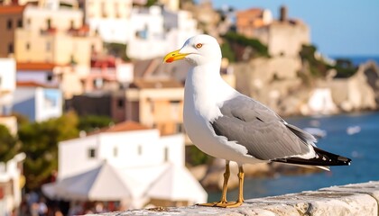 A seagull perched on a wall overlooking a picturesque town
