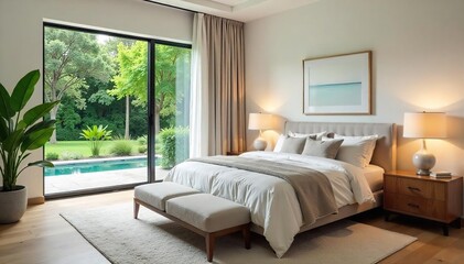 Serene master bedroom with large window, plush bedding, and elegant nightstands Perfect for relaxation and a peaceful sleep Modern minimalist design , wood, room, furniture