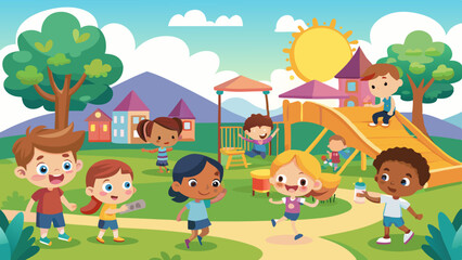 happy kids playing at the park vector background