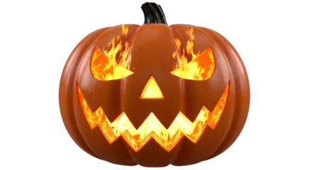 A classic carved jackolantern with a fierce expression and fiery eyes, glowing from within, isolated on transparent background