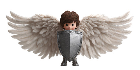 Cute boy angel with white wings holding shield, cartoon character in armor Concept of protection, innocence, and guardian