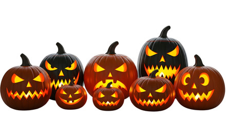 A collection of carved jackolantern pumpkins of various sizes and colors, some black and some orange, with glowing faces, isolated on transparent background