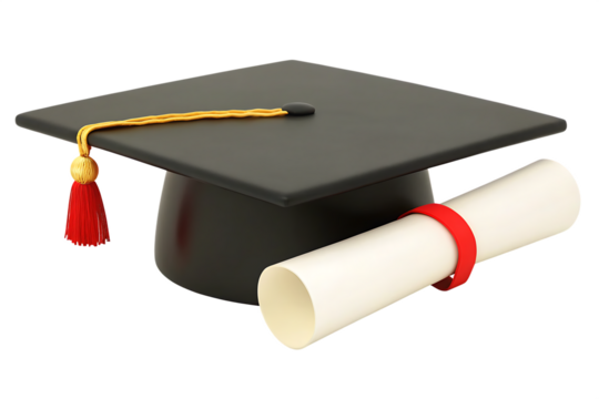 Graduation Mortarboard with Gold Tassel and Red Ribbon Diploma graduation cap isolated on a transparent background