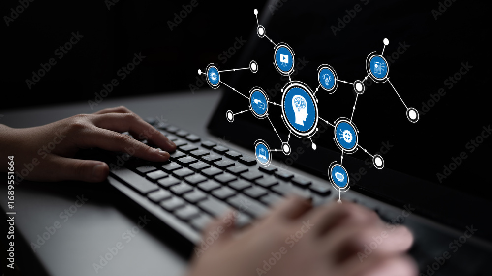 Poster a close-up view of hands typing on a keyboard, accompanied by digital icons symbolizing artificial i