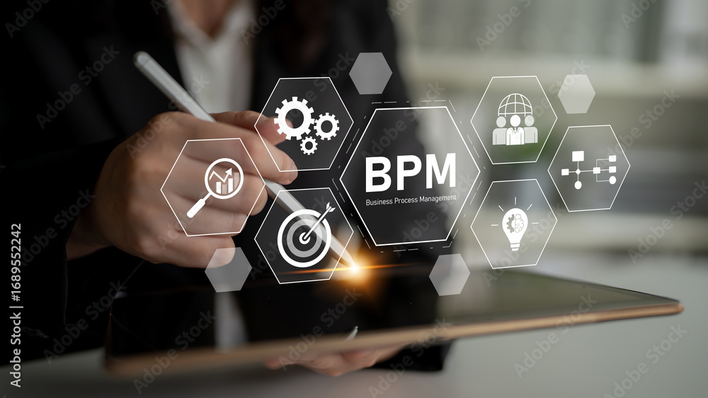 Poster business process management concept showing workflow analysis, process optimization, team collaborat