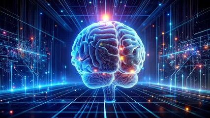 Animated visuals of a brain connected to a digital network for neural activity and intelligence - Powered by Adobe